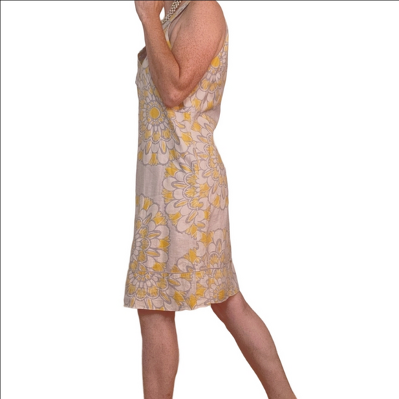 Summer Dress Shift dress Floral Yellow and Cream Sleeveless 100% Linen LOFT - Picture 2 of 12